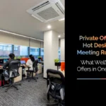 Contemporary office space with private workstations, rolling chairs, carpeted flooring, and large windows overlooking the city. Overlay text reads: ‘Private Offices, Hot Desks & Meeting Rooms: What WellWork Offers in One Place.