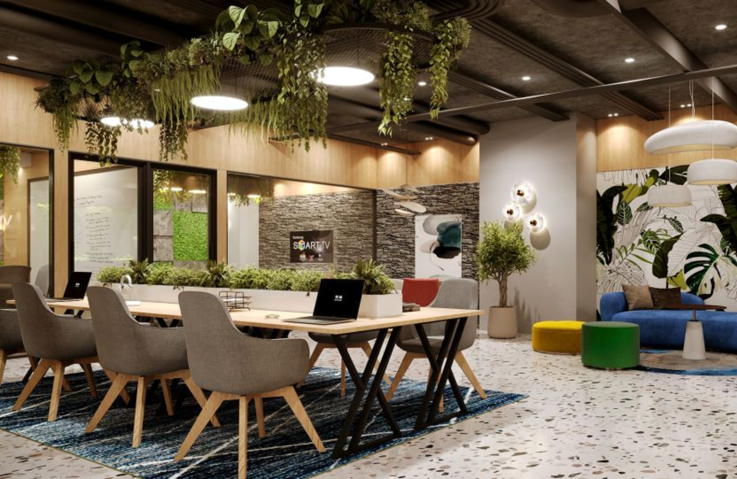 Contemporary 20 Seater Office Space in Ameerpet with collaborative workstations, ergonomic seating, greenery, modern interiors, meeting area, and a productive workspace designed for startups and growing teams.